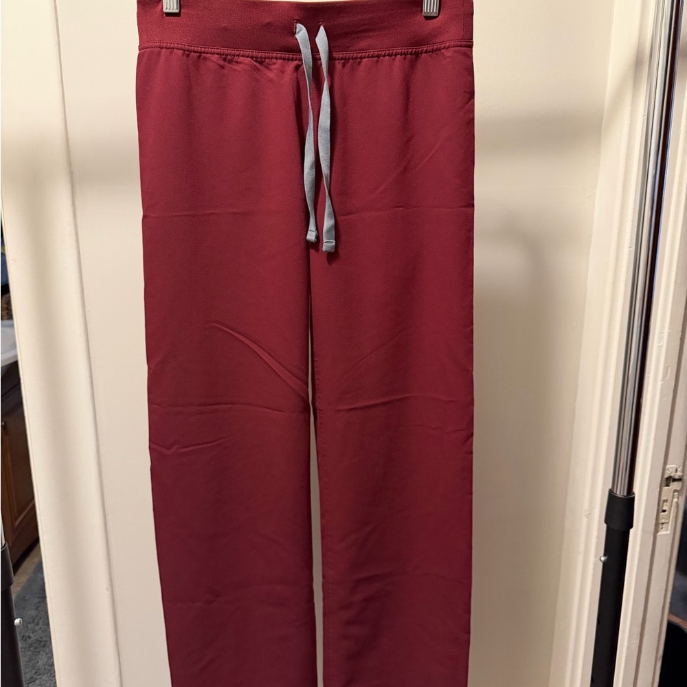 Figs Burgundy Livingston Scrub Pants with Gray Drawstring